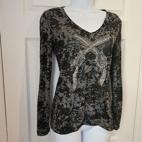 🔥Crossed Revolver Rhinestone Long Sleeve Tee Size Small - Picture 3 of 6